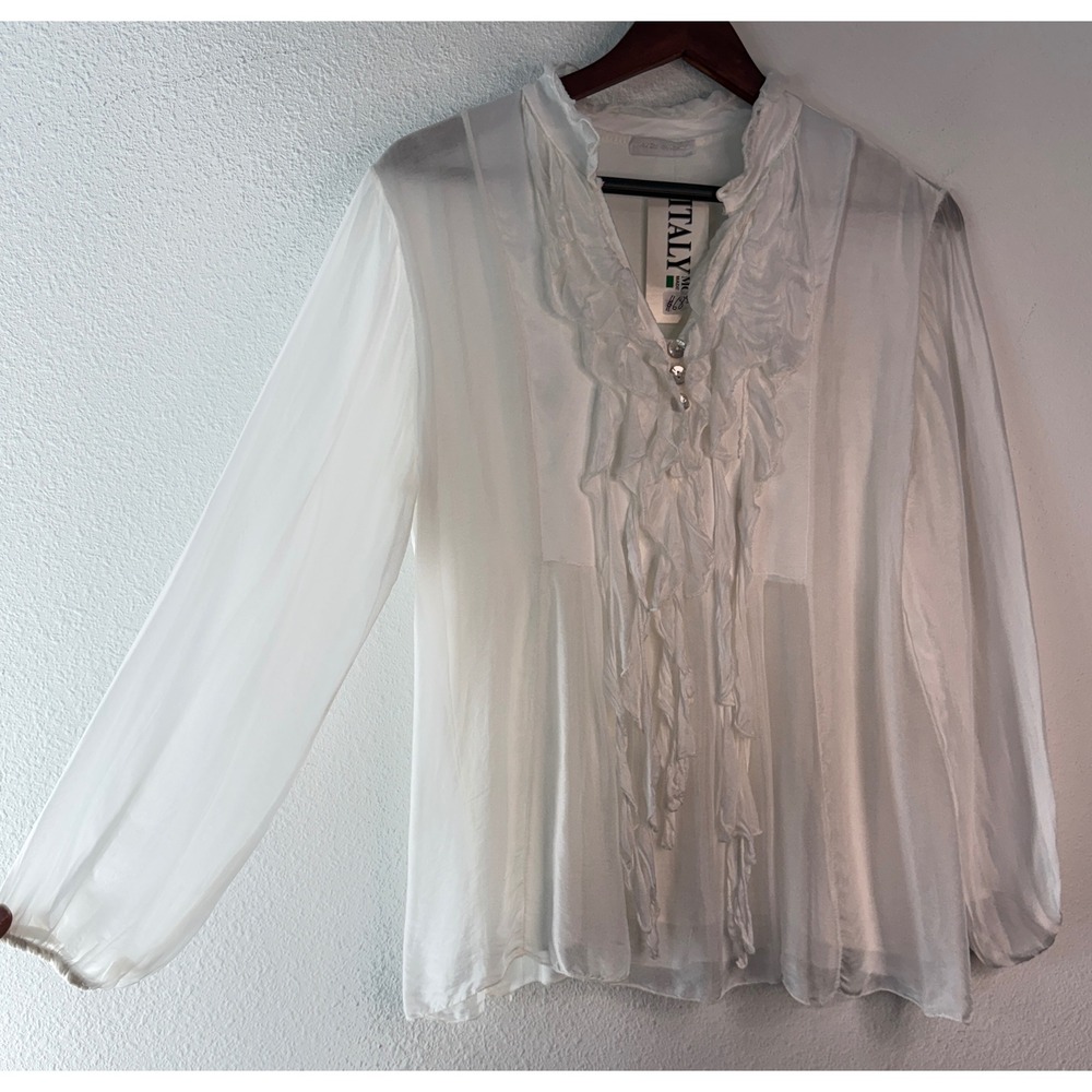 Made in Italy Ivory Sheer Ruffle Front Blouse Silk Viscose Boho Romantic Indie